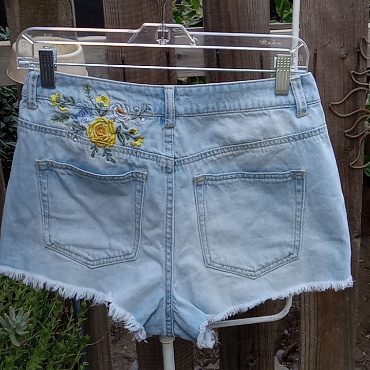 Woman Shorts Good Condition With Yellow Roses Embroidered Blue Shorts